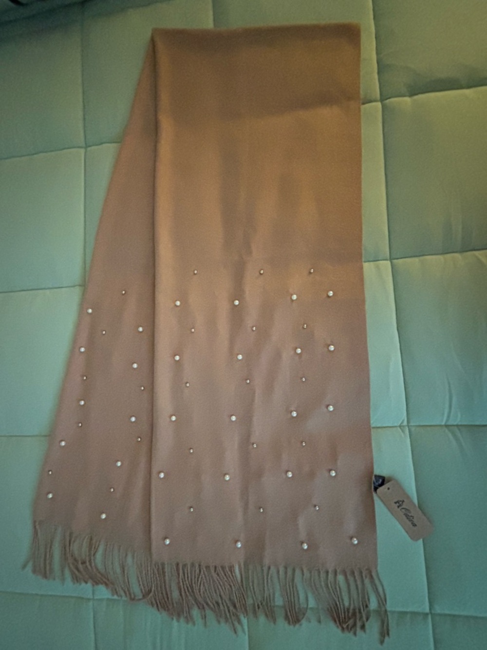 Pearl-Embellished Blush Pink Fringe Scarf